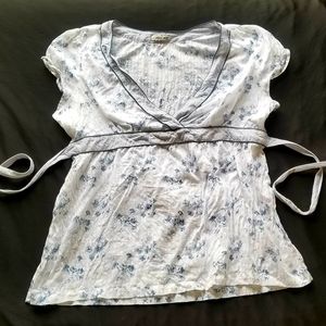 White, tie-back peasant blouse with blue flowers